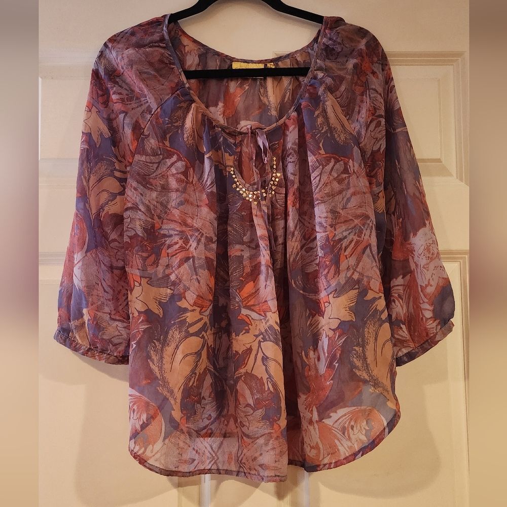 Princess Vera Wang purple and blue sheer flroal blouse L